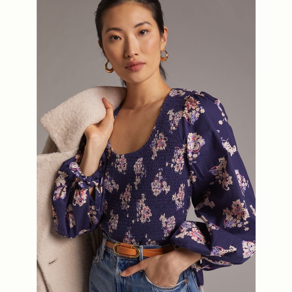 Maeve Smocked Floral Blouse with Long Sleeves